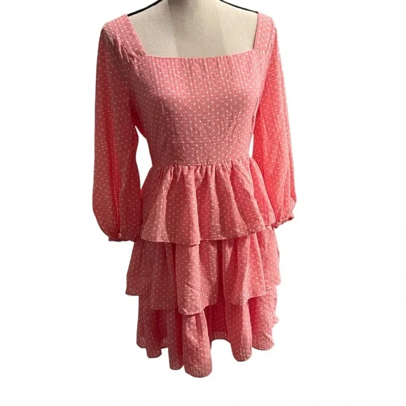 SugarLips Corinne Polka Dot Tiered Mini Dress bell sleeve flowy spring Easter S - Picture 3 of 12